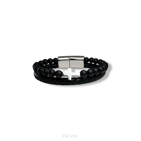 Leren armband kruisje/kralen XS - 17,5cm
